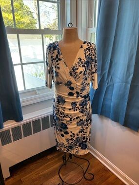 Lauren Ralph Lauren Cream Midi Dress with Blue Floral Print